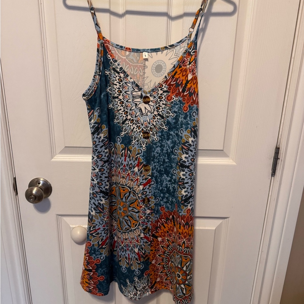 Boho Mandala Print Button Front Swing Dress – Size S